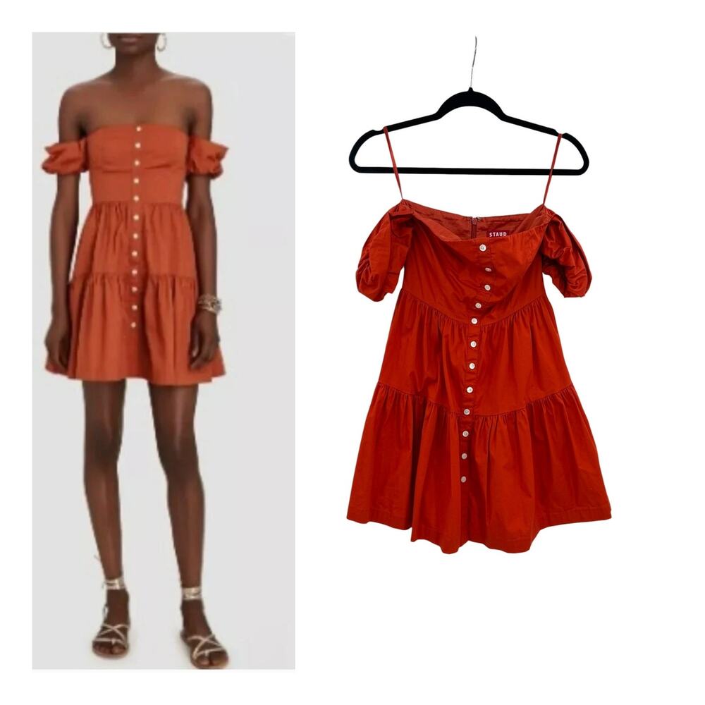 Staud‎ Elio Puff Sleeve Tiered Mini Dress Burnt Orange Button Front Size 0